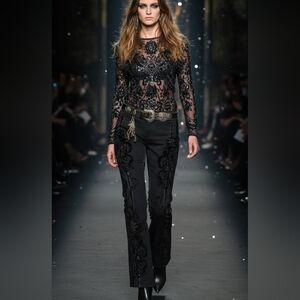 VINTAGE Roberto Cavalli Black Velvet & Embroidered Flare Jeans - Y2K Authentic 6